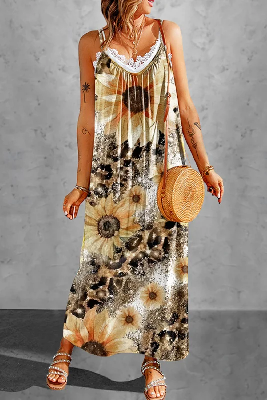 elegant maxi dressLeopard Sunflower Spaghetti Strap Dress