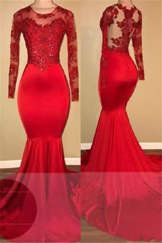 YEAR-End Clearance Long Sleeves Mermaid Lace Prom Dresses Red Sheer Tulle Evening Gown