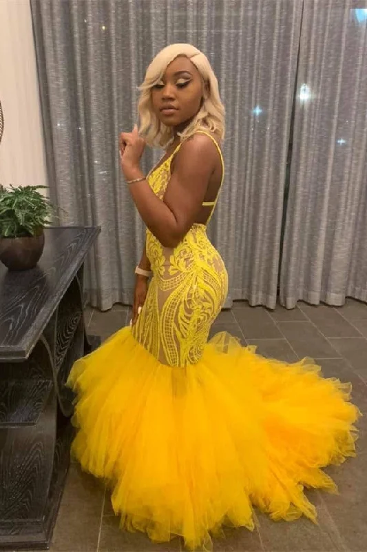 Weekend Special Yellow Mermaid Lace Puffy Tulle Open back Long Prom Party Gowns