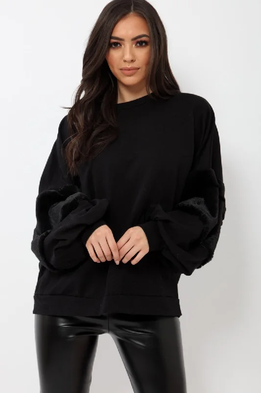 Value Deals relaxed pullover sweaterBlack Jumper with Fur Sleeves - Stephanie