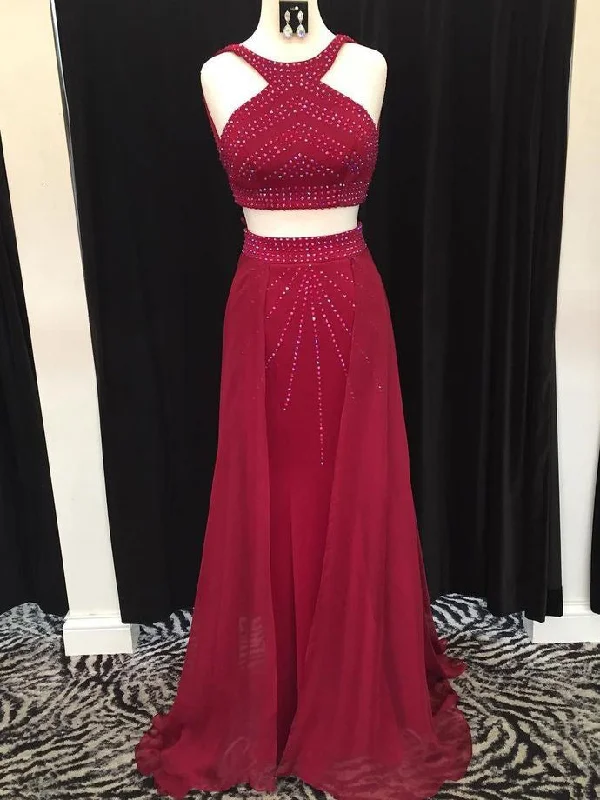 Super Bargain Two Piece Prom Dresses Halter Chic Burgundy Long Prom Dress JKL1008