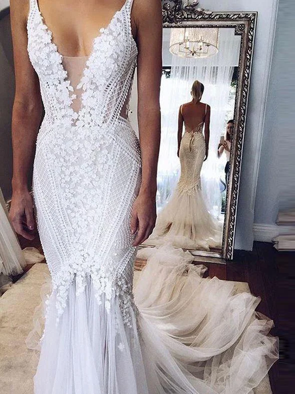 Friends and Family Sale Sexy Chic Wedding Dresses Straps Appliques Sweep/Brush Train Backless Bridal Gown JKW107