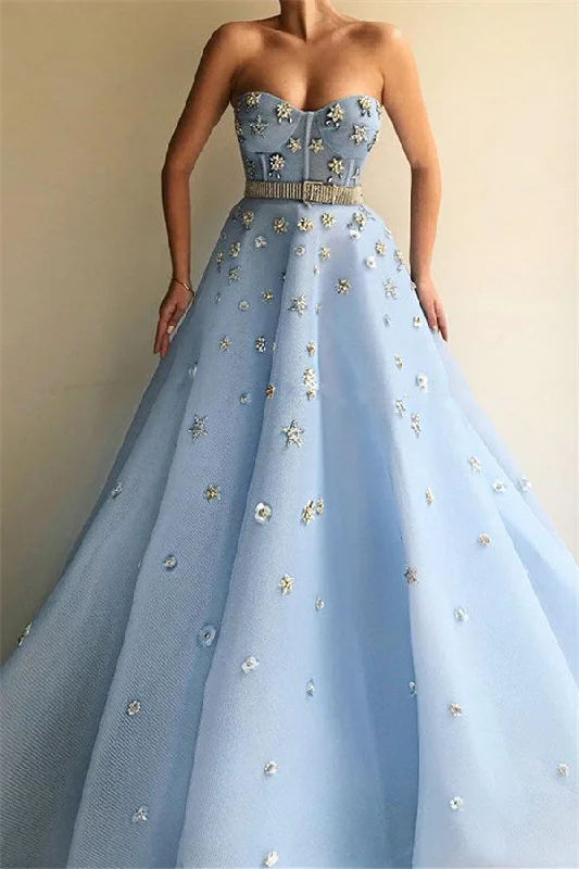 New Arrival Chic Strapless Sweetheart Beading Flowers Prom Party Gowns| Chic Blue Tulle Long Prom Party Gowns with Beadning Sash