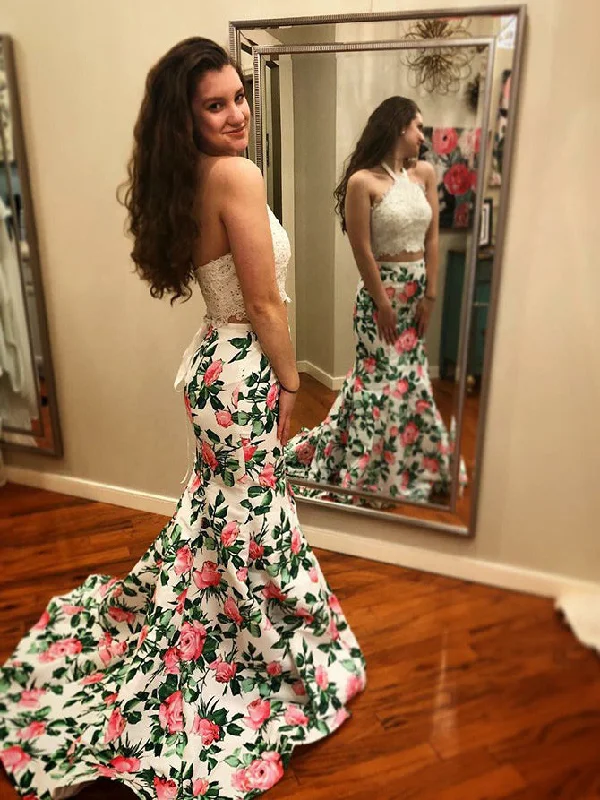 Get It Before It’s Gone Two Piece Prom Dresses Halter Sweep Train Floral Print Lace Prom Dress JKL864 Get It Before It’s Gone Two Piece Prom Dresses Halter Sweep Train Floral Print Lace Prom Dress JKL864