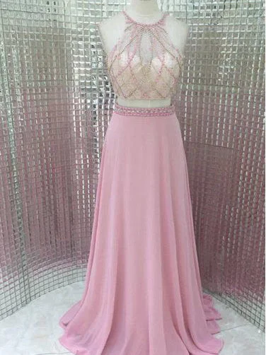 TIME-Limited Offer Two Piece Prom Dresses Scoop A-line Long Beading Chic Pink Prom Dress JKL992