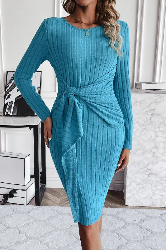 elegant evening dressRibbed Tied Long Sleeve Wrap Dress