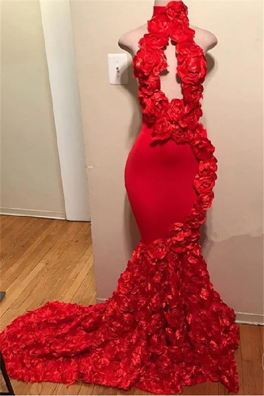 Discount Deals Elegant Red Halter Flower Sleeveless Mermaid Prom Party Gowns
