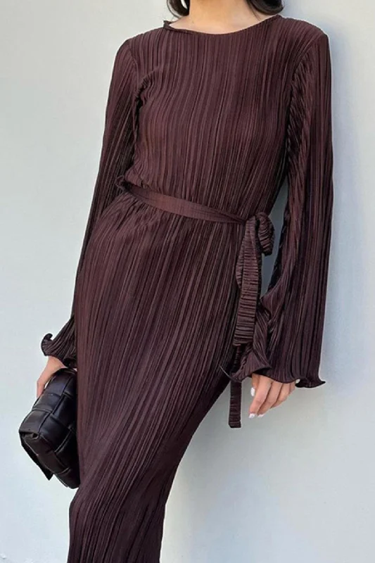 Deal of the Week shift dressPleated Long Flares Sleeve Tie-waist Dress