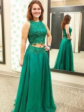 Great Deals Two Piece Prom Dresses Scoop A-line Hunter Green Lace Prom Dress JKL1003