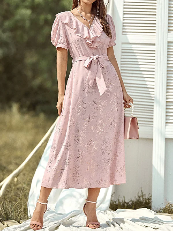 Lowest Price casual knit dressBeverly Casual Pink Ruffle Puff Sleeve Midi Dress
