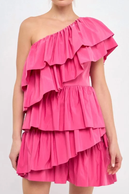 tiered dressRuffled Shoulder Mini Dress In Pink