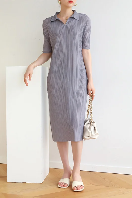 Buy More, Save More casual midi dressStriped Polo Neck Full Pleated Dress