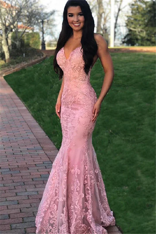 Buy More, Save More Pink Gorgeous Mermaid Sleeveless Lace Applique Prom Dresses