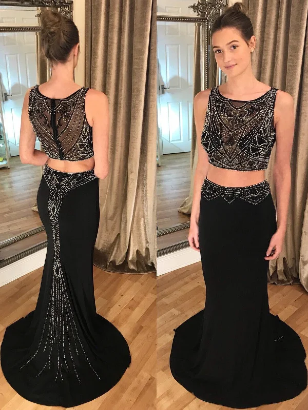 Weekend Deal Two Piece Prom Dresses Trumpet Mermaid Long Black Prom Dress JKL1010