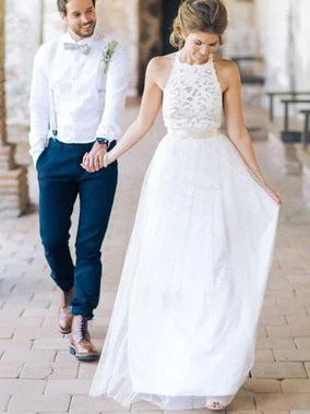 Price Rollback Beautiful Wedding Dresses Halter A-line Floor-length Tulle Lace Bridal Gown JKW120