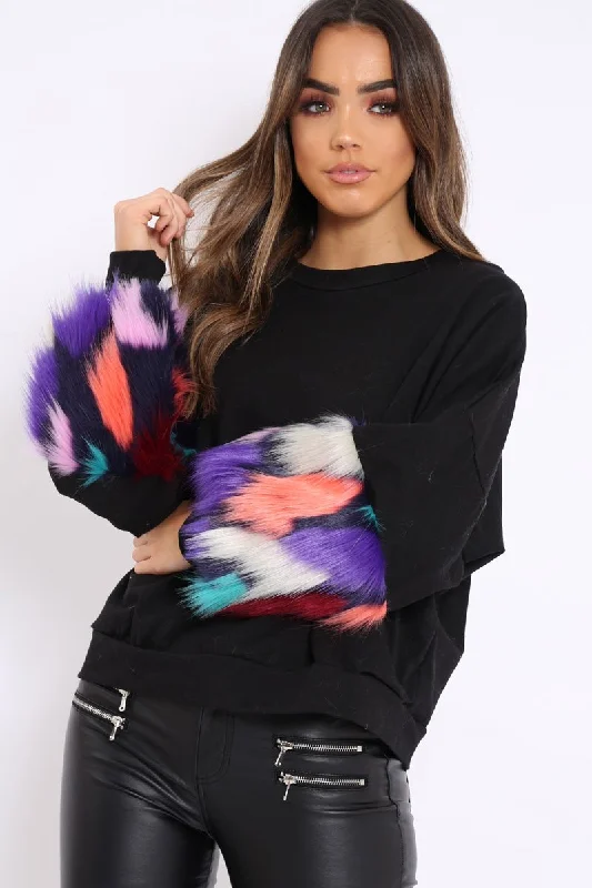 high-quality pulloverBlack Sweatshirt with Multicolour Fur Sleeves - Loise