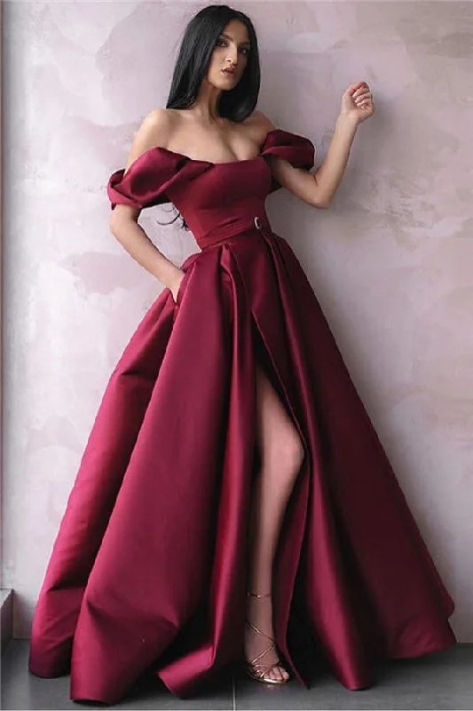 Great Deals Burgundy Off-The-Shoulder Side-Slit Princess A-Line Prom Party Gowns