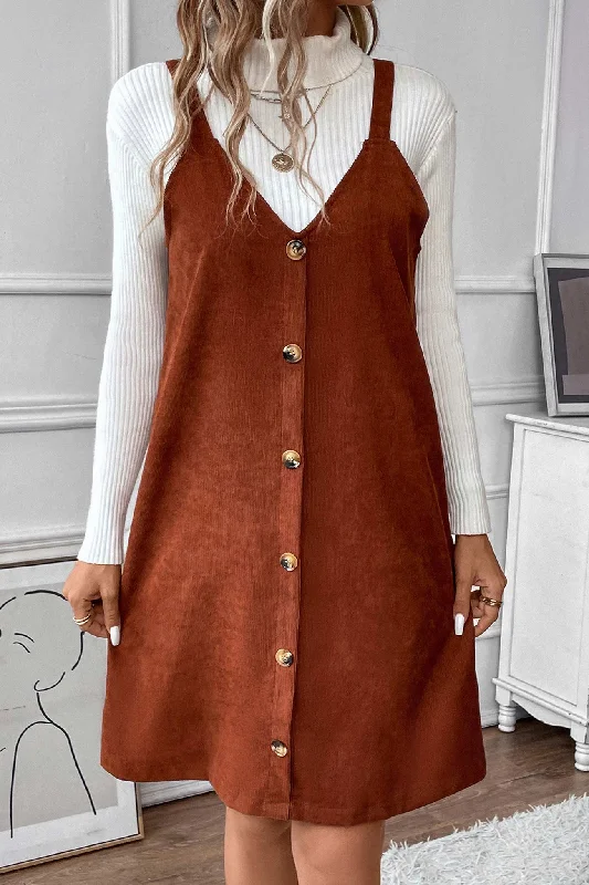 Weekend Deal satin midi dressV Neck Single-breasted Corduroy Cami Dress