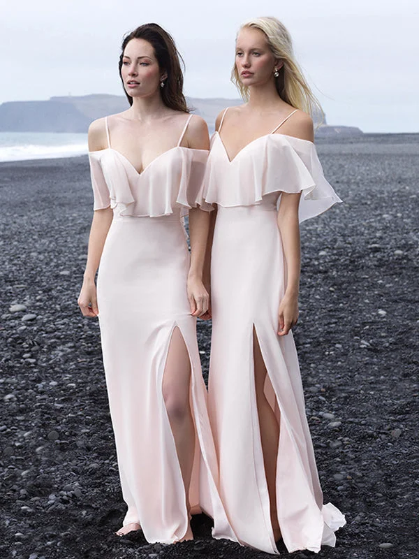 Huge Discounts Long Bridesmaid Dresses with Spaghetti Straps A Line Blush Pink Slit Bridesmaid Dresses JKB093
