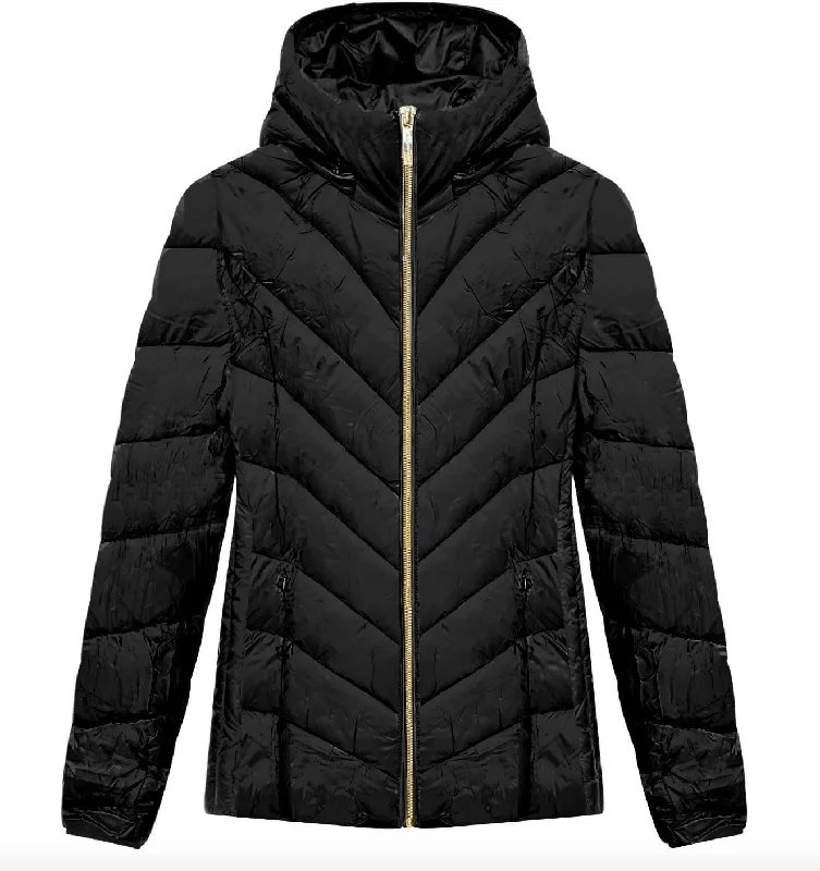 cozy outdoor jacketMichael Michael Kors Women's Black Chevron Quilted Short Packable Jacket Coat