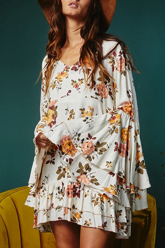 Unbeatable Prices White Printed Floral Print Layered Sleeve Mini Dress