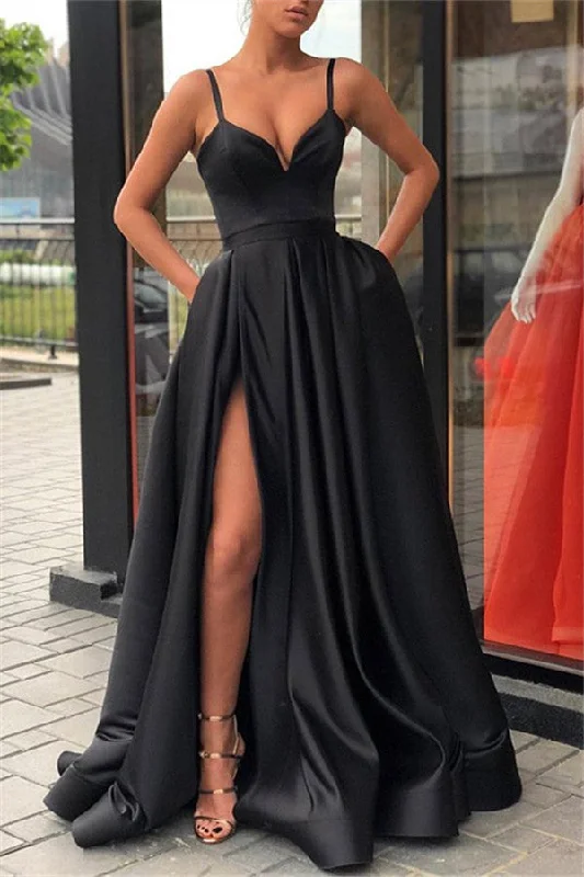 Closeout Alluring Black Spaghetti Strap Side Slit Prom Dresses Sleeveless Evening Dresses with Pocket Closeout Alluring Black Spaghetti Strap Side Slit Prom Dresses Sleeveless Evening Dresses with Pocket