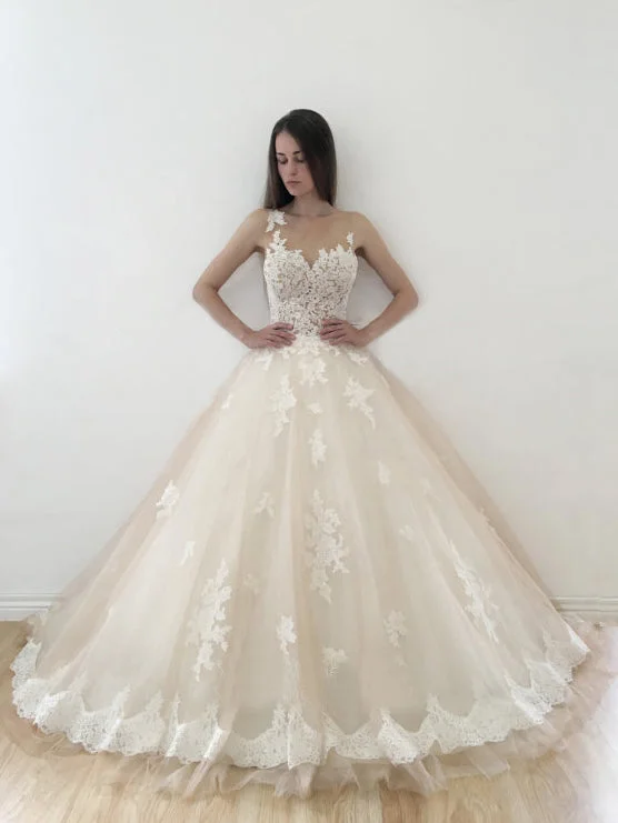 Deep Discounts Ball Gown Wedding Dresses Scoop Sweep Train Appliques Tulle Sexy Bridal Gown JKS277