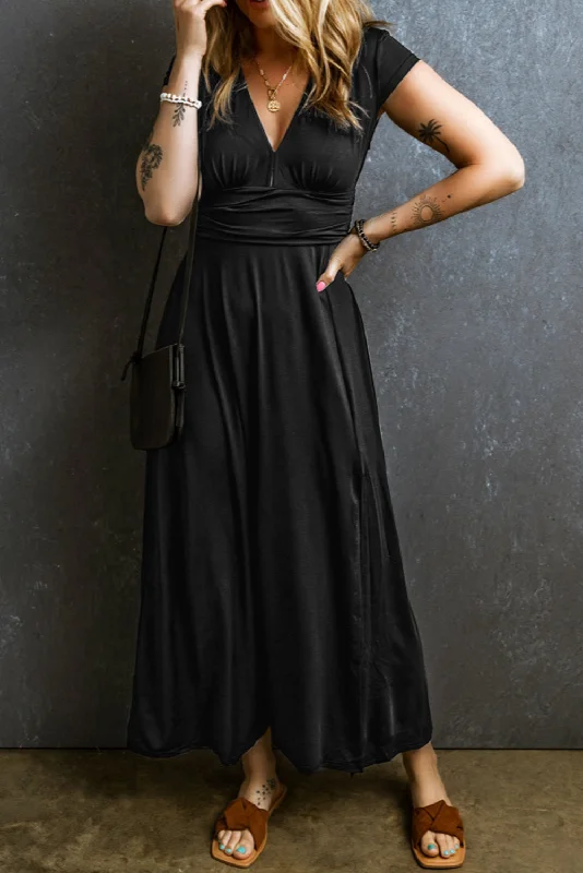 Deal Mania Black Short Sleeve Shirred High Waist V Neck Maxi Dress