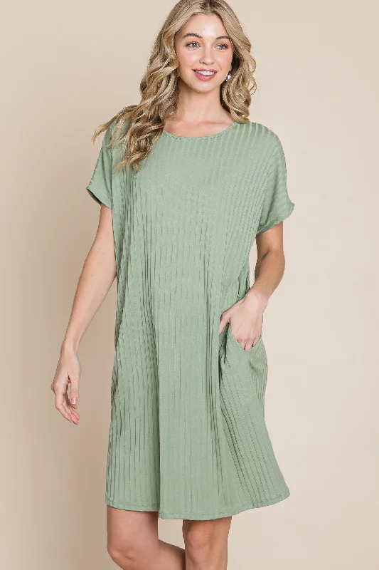 high-waisted dressBOMBOM Ribbed Round Neck Short Sleeve Dress