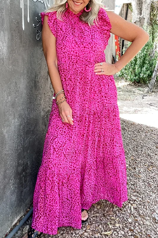 Can't Miss Rose Red Leopard Print Ruffled Trim Tiered Maxi Dress