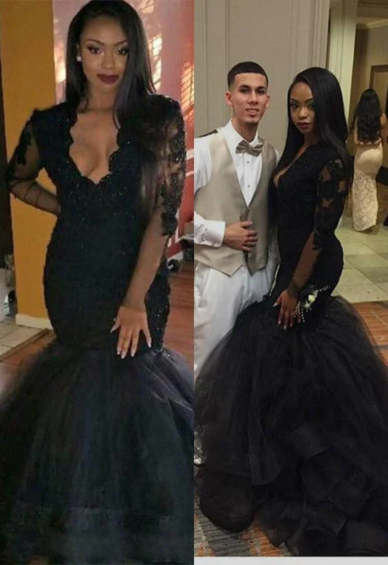 Stock Clearance Chic Black Long-sleeve Mermaid V-neck Lace Sweep-Train Prom Party Gowns Stock Clearance Chic Black Long-sleeve Mermaid V-neck Lace Sweep-Train Prom Party Gowns