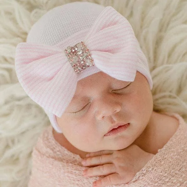 flowy evening dressilybean Pink Striped Crystal Bow Newborn Girl Hat