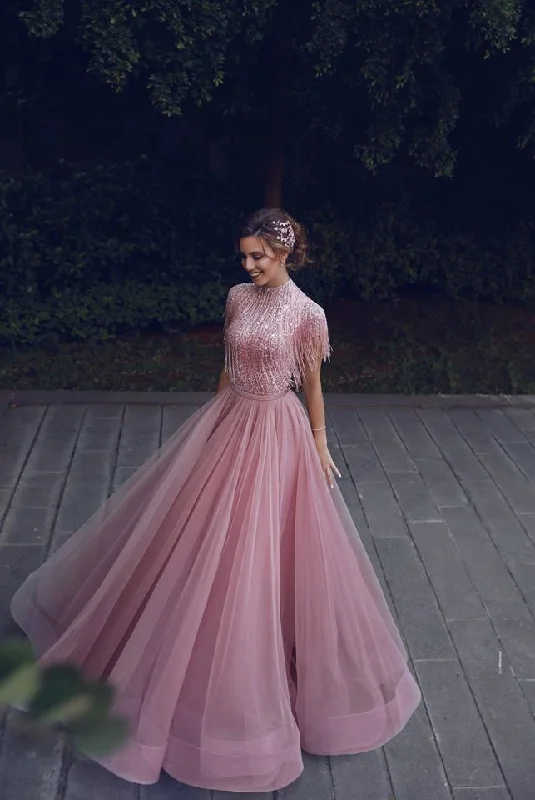 Special Offer Special High Neck Tassel Beading Cap Sleeves Princess Prom Dresses Blushing Pink Evening Gowns