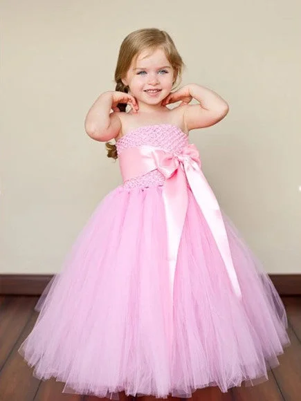 Overstock Flower Girl Dresses Long Purpl Pink Bowknot Strapless Tulle JKF008