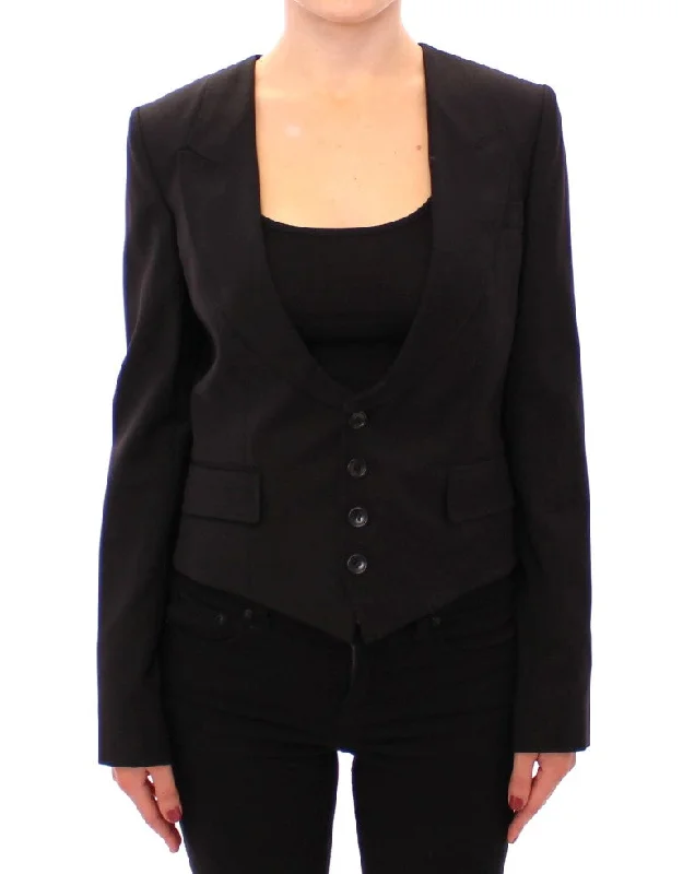 sleek puffer jacketDolce & Gabbana Elegant Silk-Blend Black Blazer with Scarf Back Women's Detail