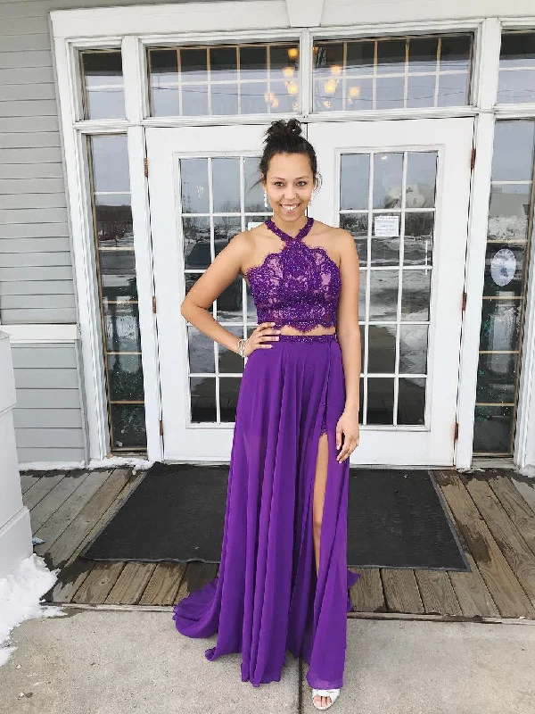Year-End Sale Two Piece Prom Dresses Halter A-line Floor-length Sexy Long Prom Dress JKL917