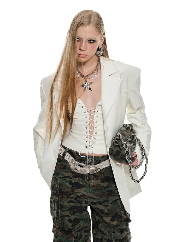 Seasonal Clearance versatile coatBlack & White Floral Embroidered Leather Blazer