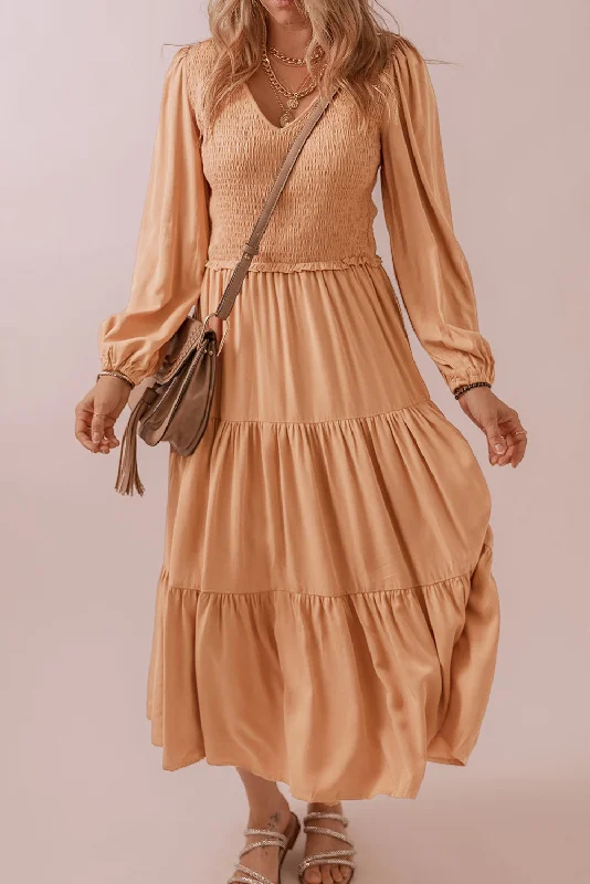 Price Reduction Pale Chestnut Smocked V Neck Long Sleeve Ruffle Dress