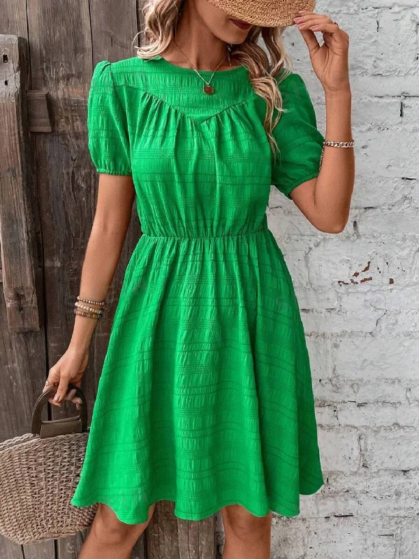 floral wrap dressRuched Round Neck Short Sleeve Mini Dress