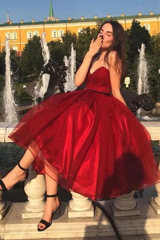 Don’t Miss Out Chic Strapless Red Tea Length Prom Party Gowns| Chic Sweetheart Sleeveless Prom Gown