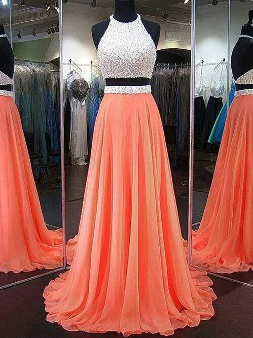 Value Deals Two Piece Prom Dresses Halter A-line Beading Open Back Sparkly Long Prom Dress JKL1058