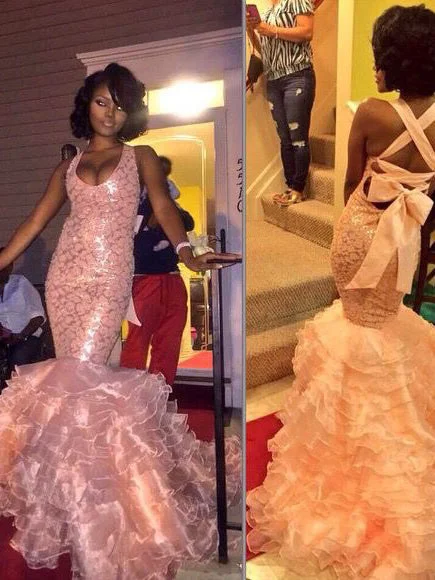 Exclusive Online Offer Sparkly Prom Dresses Halter Organza Short Train Mermaid Prom Dress JKL1015