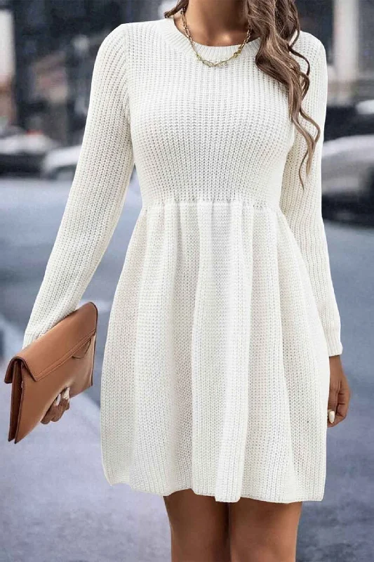 Fantastic Offers party-ready dressSolid Color Shirring Long Sleeve Knitted Dress