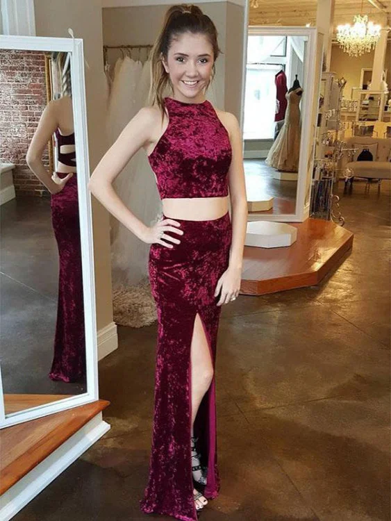 Weekend Deal Two Piece Prom Dresses High Neck Velvet Sheath Long Slit Prom Dress Sexy Evening Dress JKL1208 Weekend Deal Two Piece Prom Dresses High Neck Velvet Sheath Long Slit Prom Dress Sexy Evening Dress JKL1208