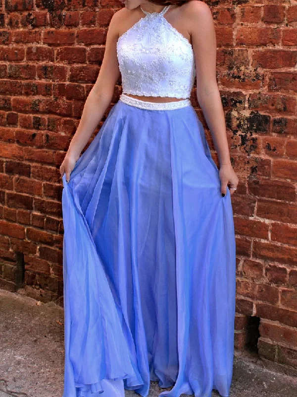 Crazy Deals Two Piece Prom Dresses Halter A-line Beading Floor-lenght Lace Prom Dress JKL999
