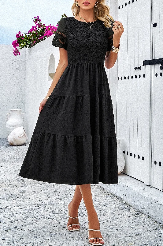 elegant dressSmocked Round Neck Short Sleeve Midi Dress