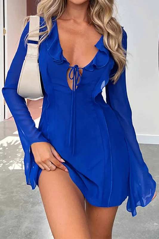 Best Deals cocktail dressRuffled Long Sleeved Lace Up Mini Dress