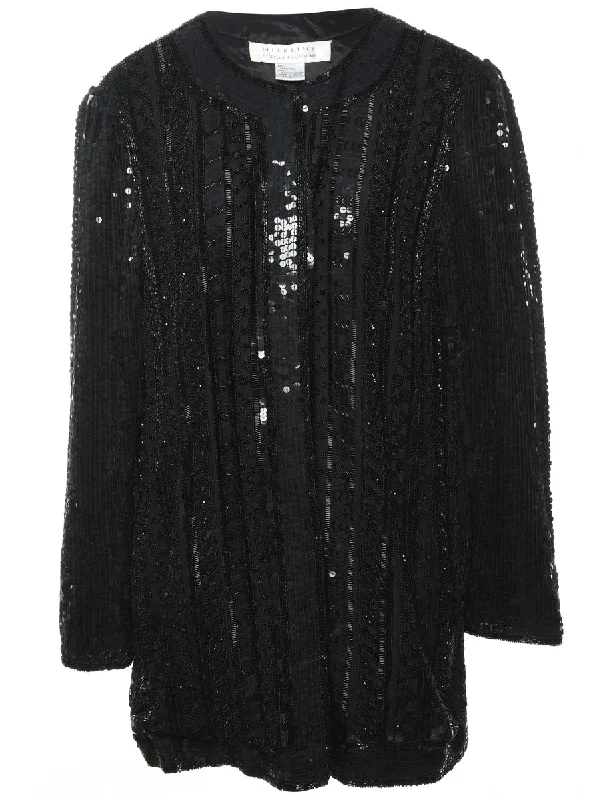 warm weather jacketBlack Embroidered Silk Evening Jacket - S