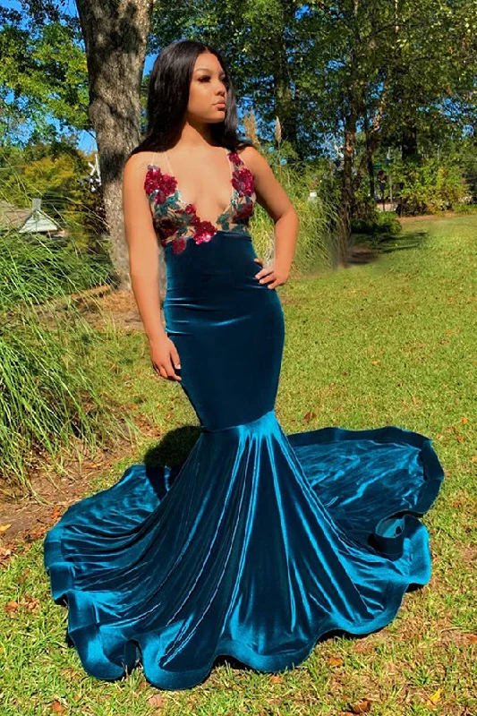 Must-Have Deals Floral Appliques Deep V-neck Sleeveless Sweep Train Mermaid Prom Dresses
