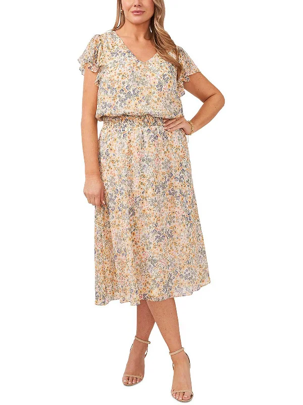 textured dressPlus Womens Smocked Floral Midi Dress